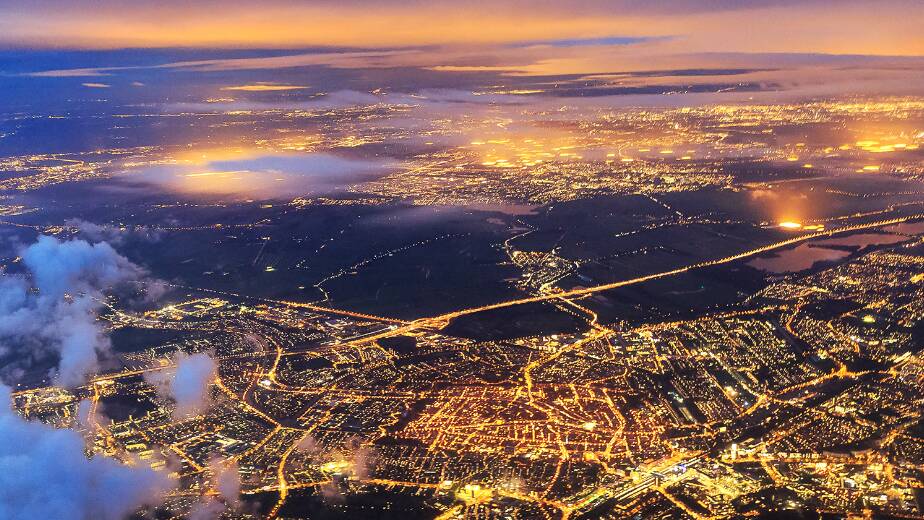 Birds eye view of city lights at night