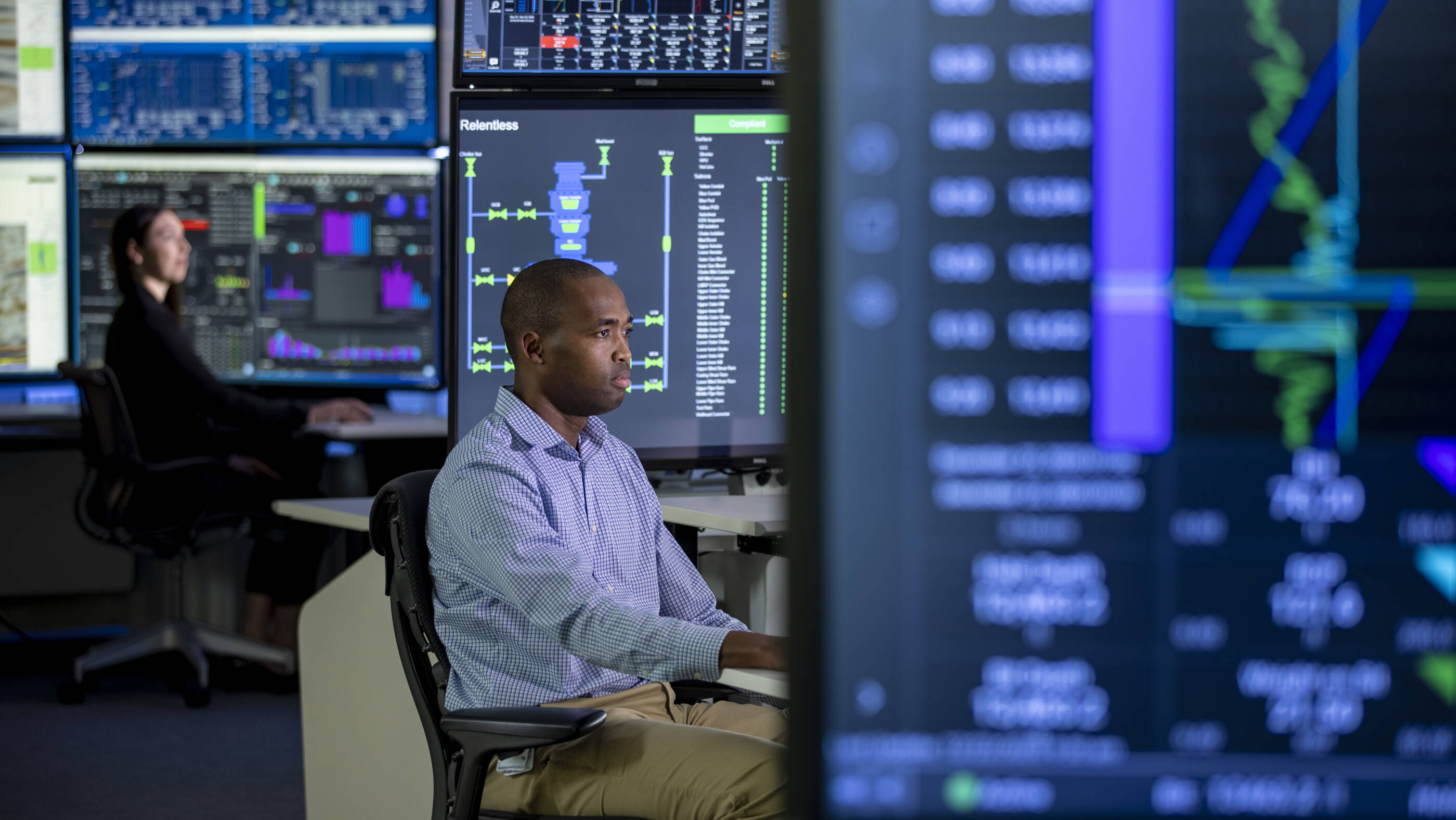 two analysts viewing multiple digital monitors