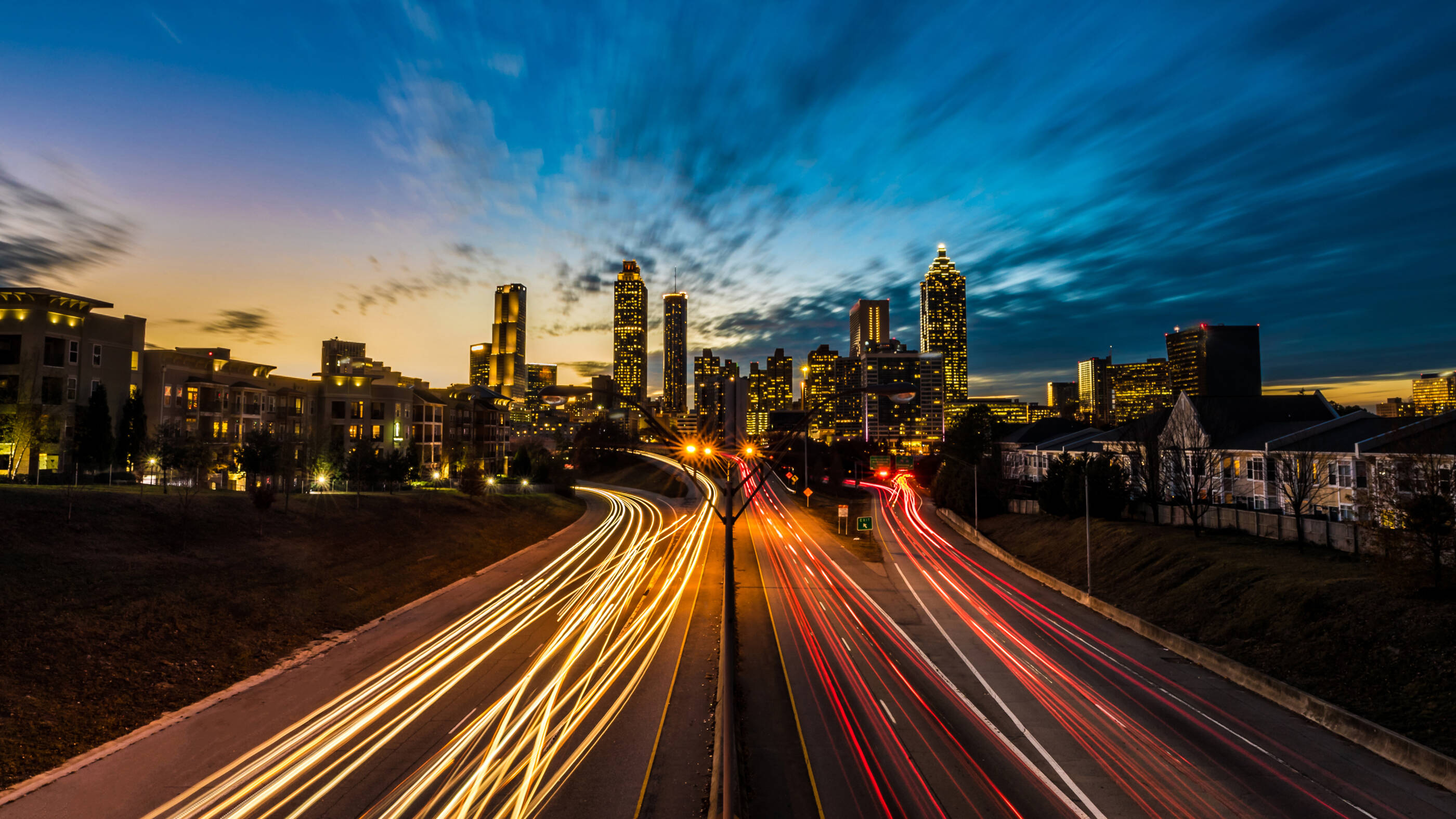 City lights and highway at night