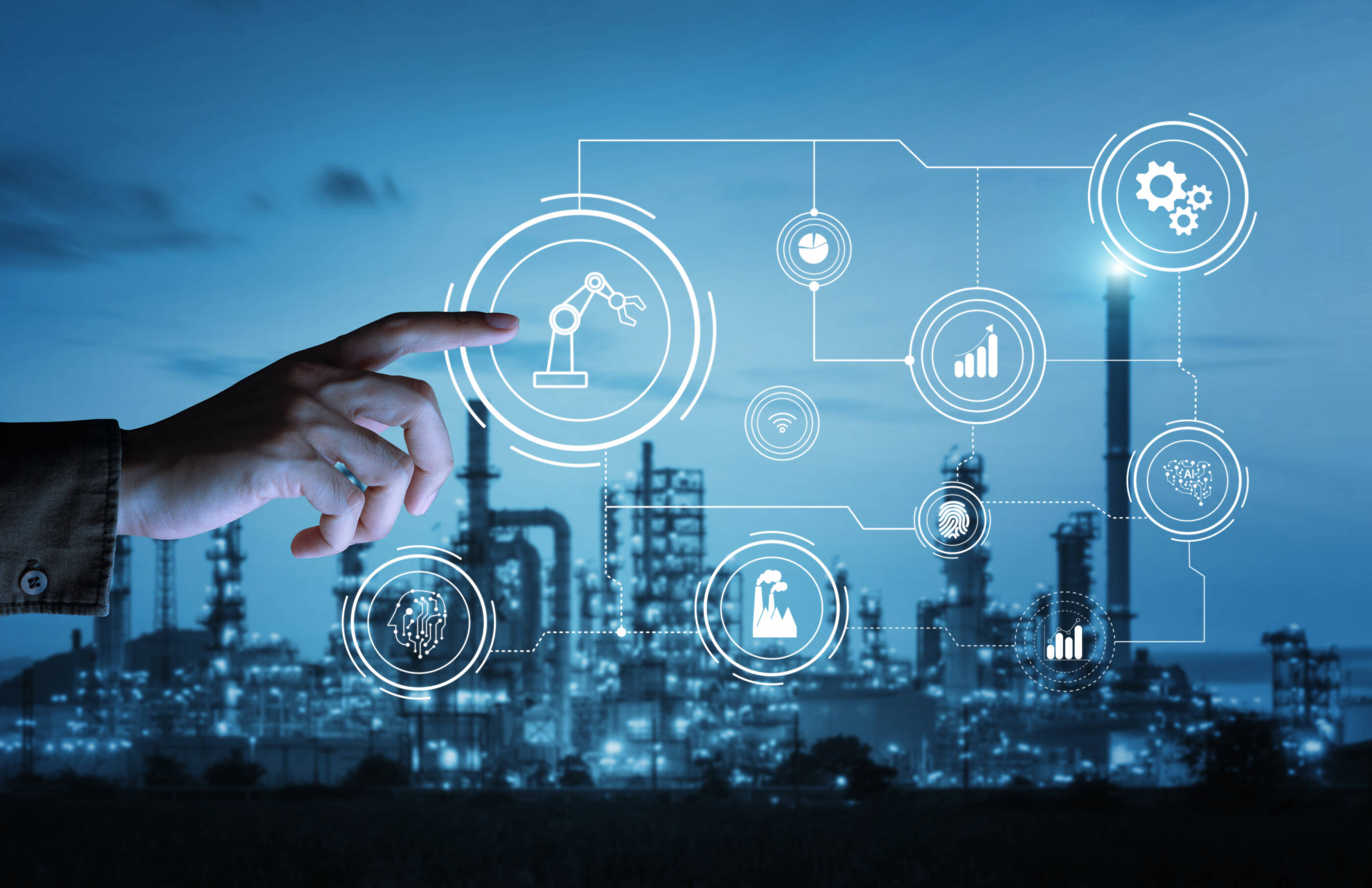 Hand pointing to various icons related to automation, software, and technology. 