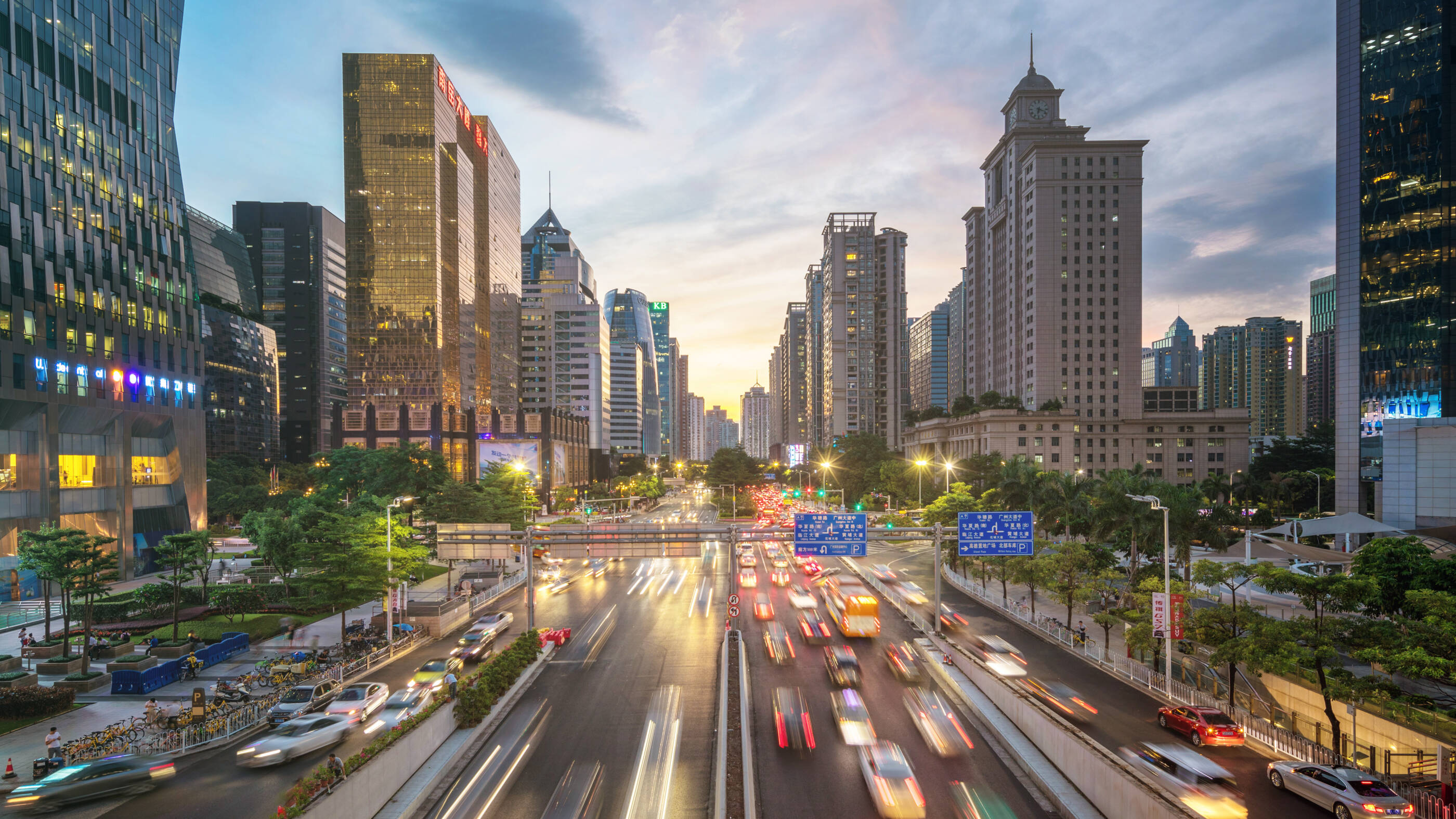 Guangzhou Zhujiang New Town skyline and moving automobiles