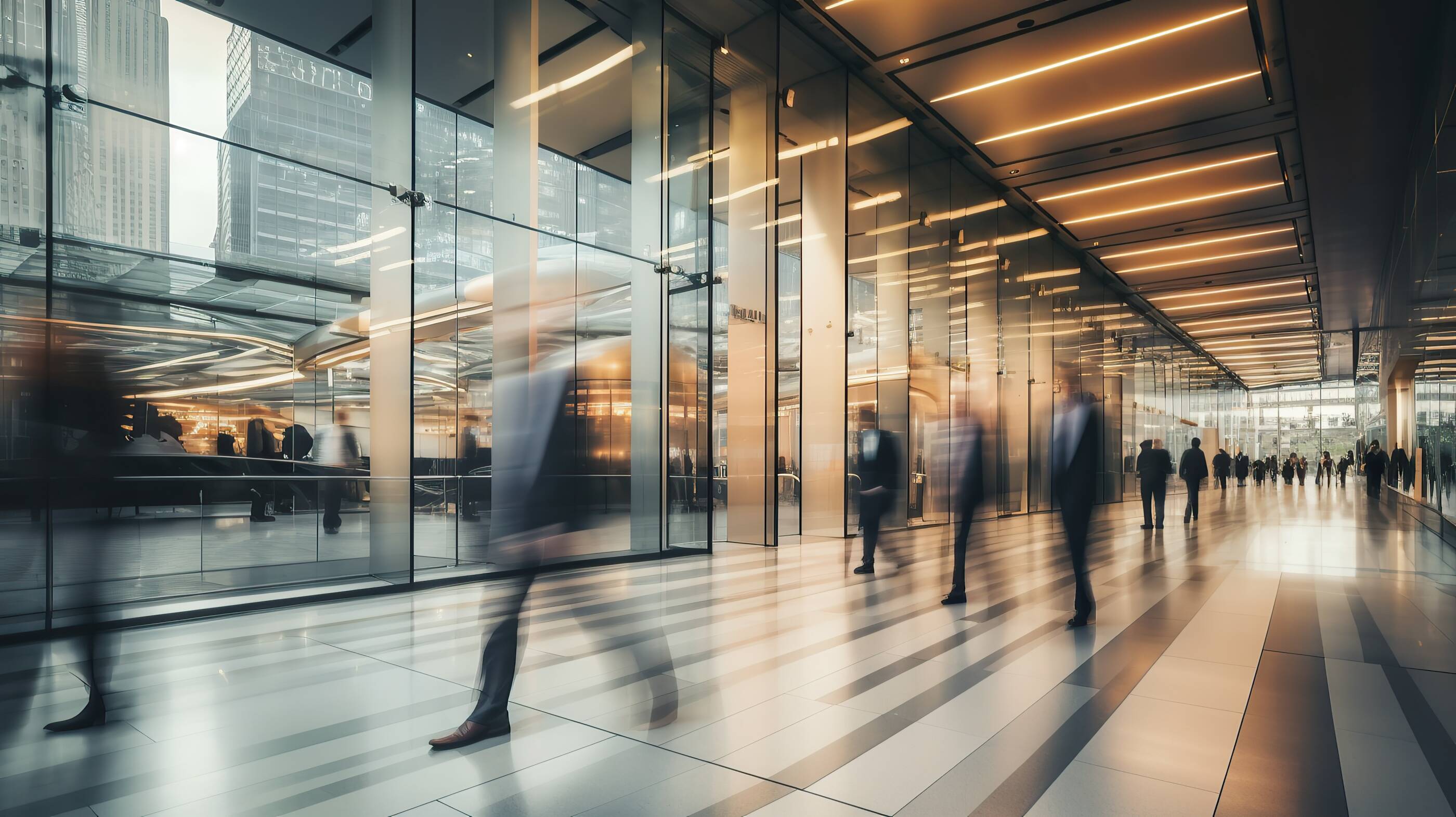 Long exposure shot of crowd of business people walking in bright office lobby fast moving with blurry.