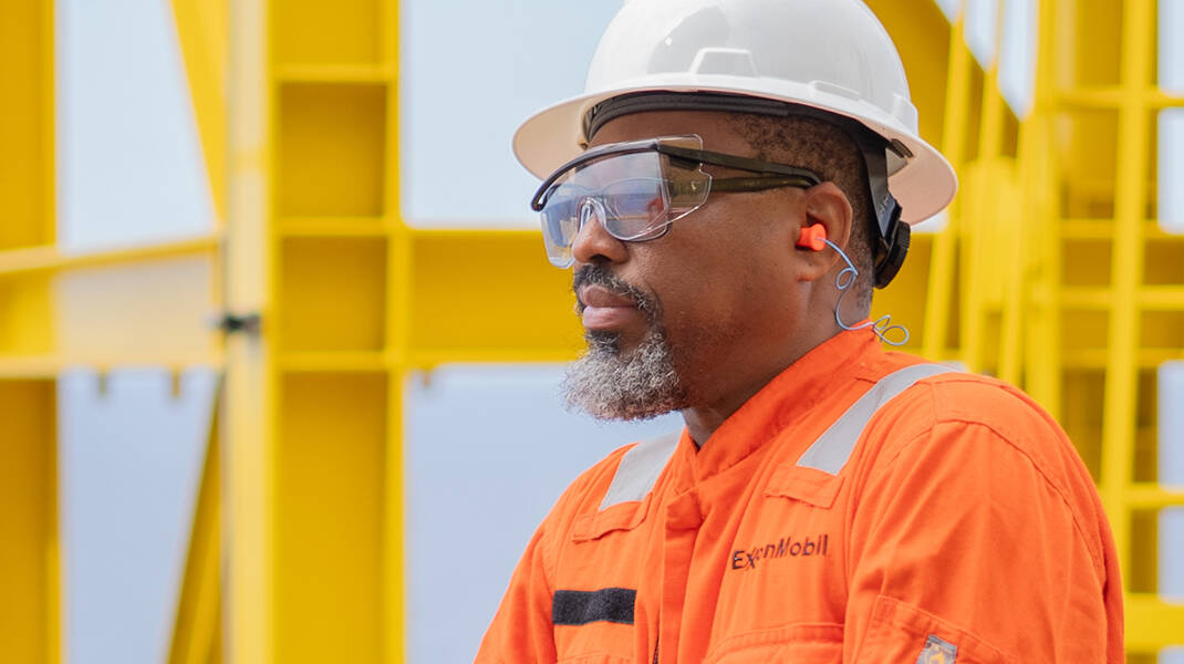 ExxonMobil employee on a floating production storage and offloading vessel.